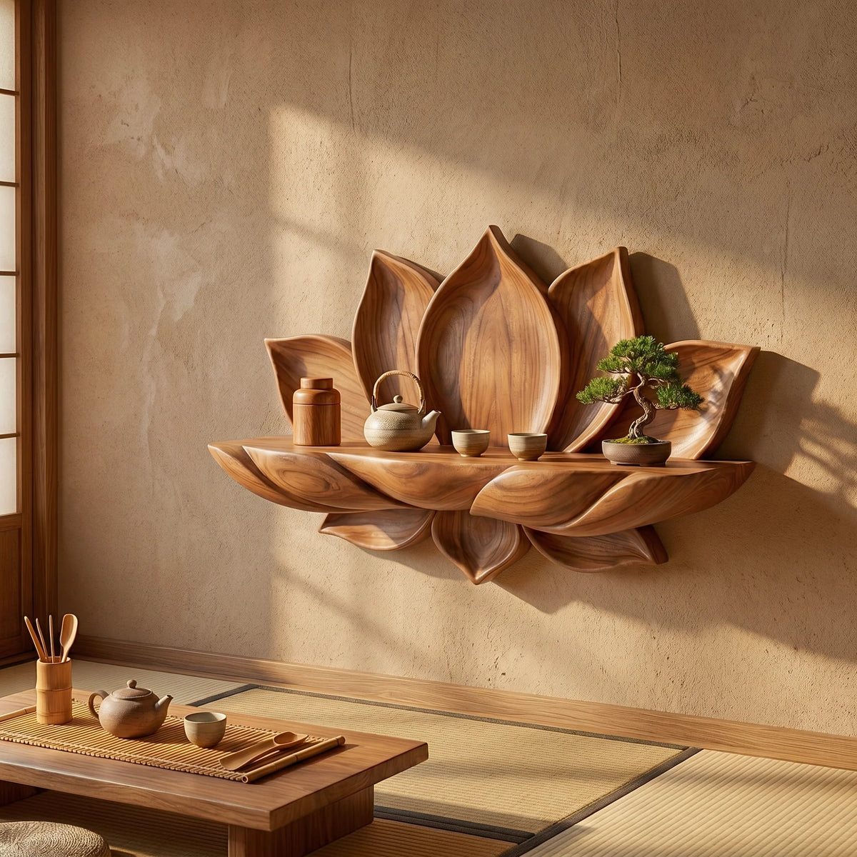Handcrafted Lotus Petal Solid Wood Wall Shelf