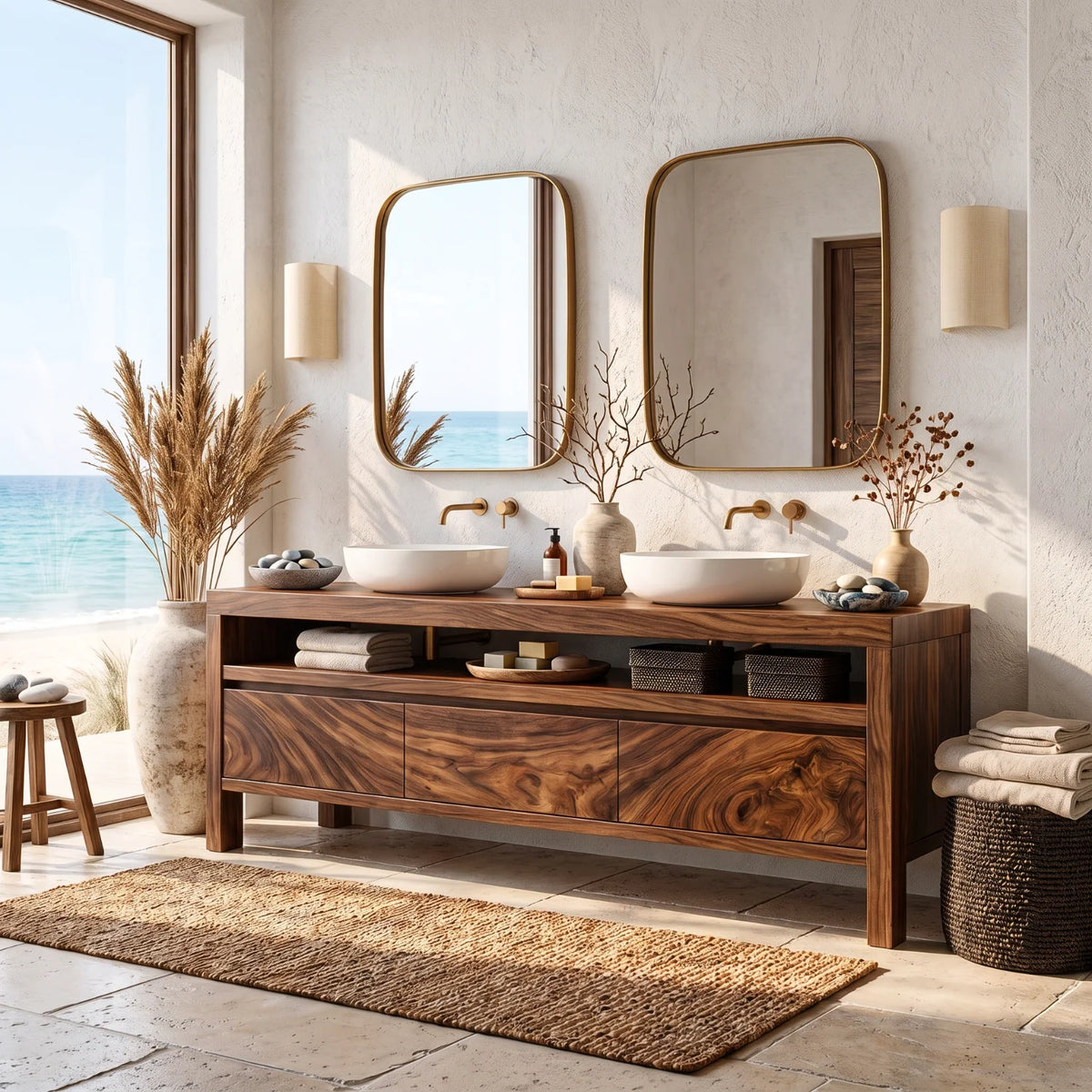 Solid Wood Double Sink Bathroom Vanity with Open Shelf Storage for Lodge Bathrooms