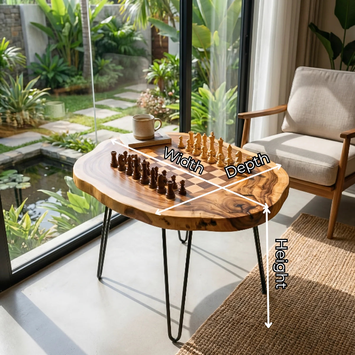 Organic Slab Top Chess Coffee Table with Hairpin Legs