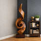 Tall Solid Wood Spiral Flame Sculpture with Plinth – Modern Decorative Accent for Contemporary Interiors
