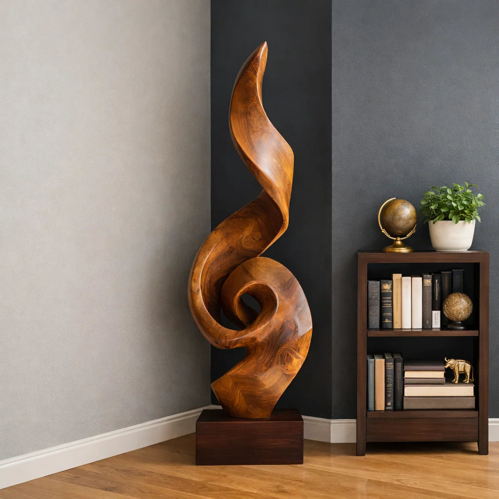 Tall Solid Wood Spiral Flame Sculpture with Plinth – Modern Decorative Accent for Contemporary Interiors
