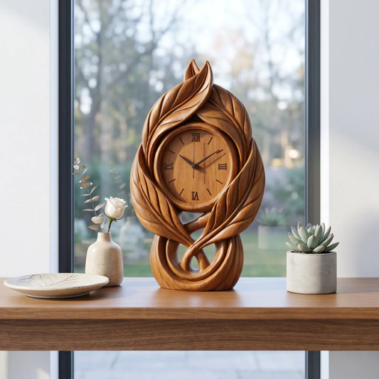 Solid Wood Leaf-Inspired Table Clock – Sculptural Decorative Desk Clock for Modern Interiors