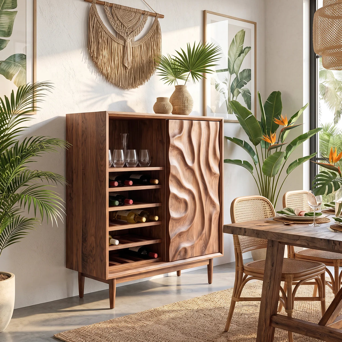 Solid Wood Wine Cabinet with Carved Relief Door and Integrated Bottle Shelves