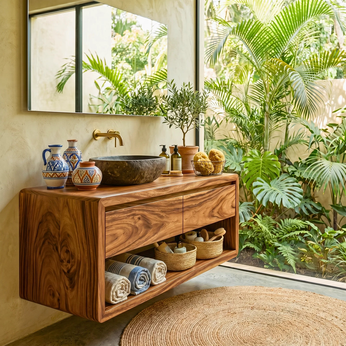 Floating Solid Wood Bathroom Vanity with Seamless Organic Frame – Modern Wall-Mounted Vanity Cabinet