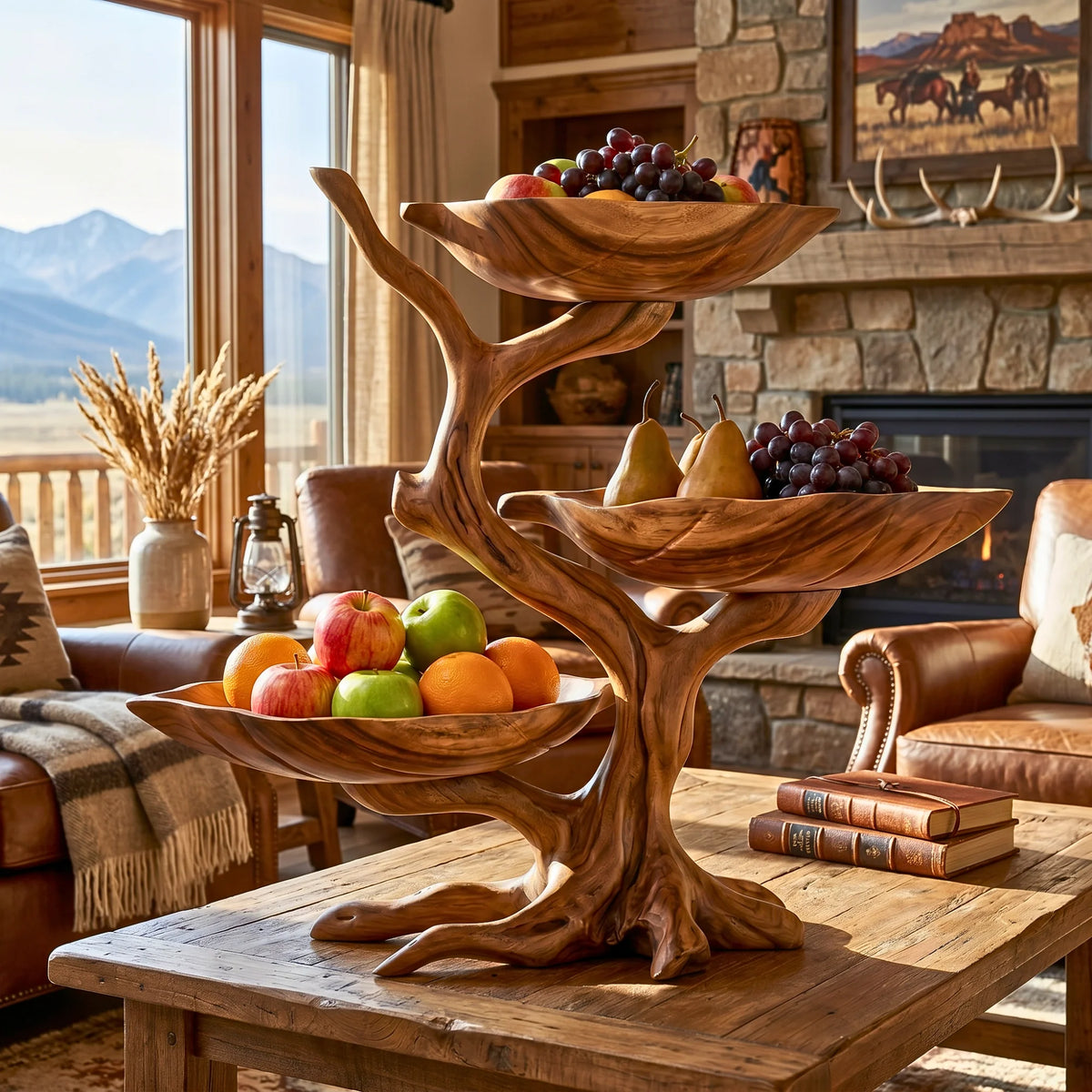 Solid Wood Three-Tier Fruit Display Bowl with Sculptural Branch Pedestal