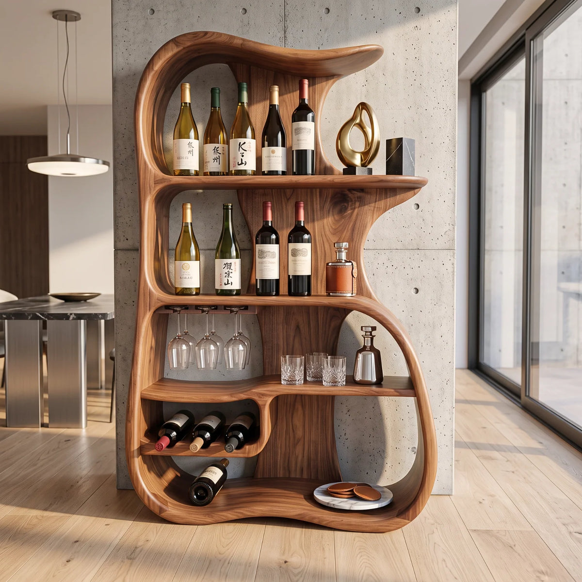 Solid Wood Wine Cabinet with Organic Open Shelves for Dining Room