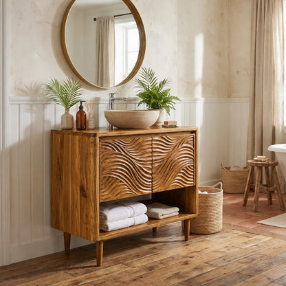 Solid Wood Bathroom Vanity with Carved Ripple Cabinet and Open Shelf for Powder Rooms
