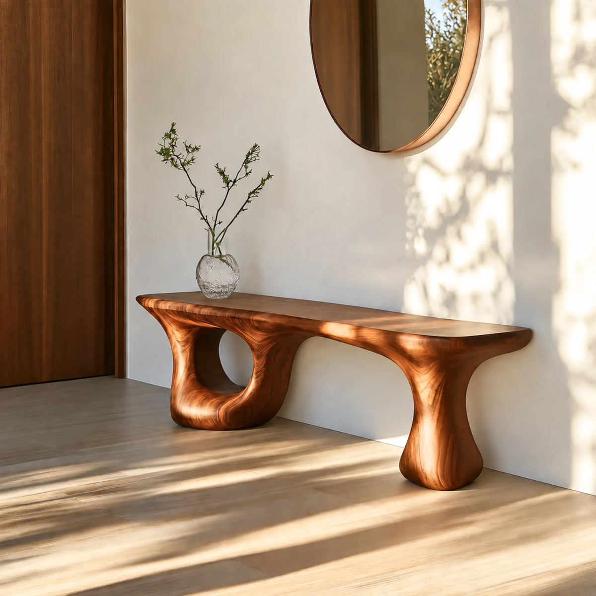 Sculptural Loop – Solid Wood Bench with Pedestal Base and Flowing Live Edge Seat