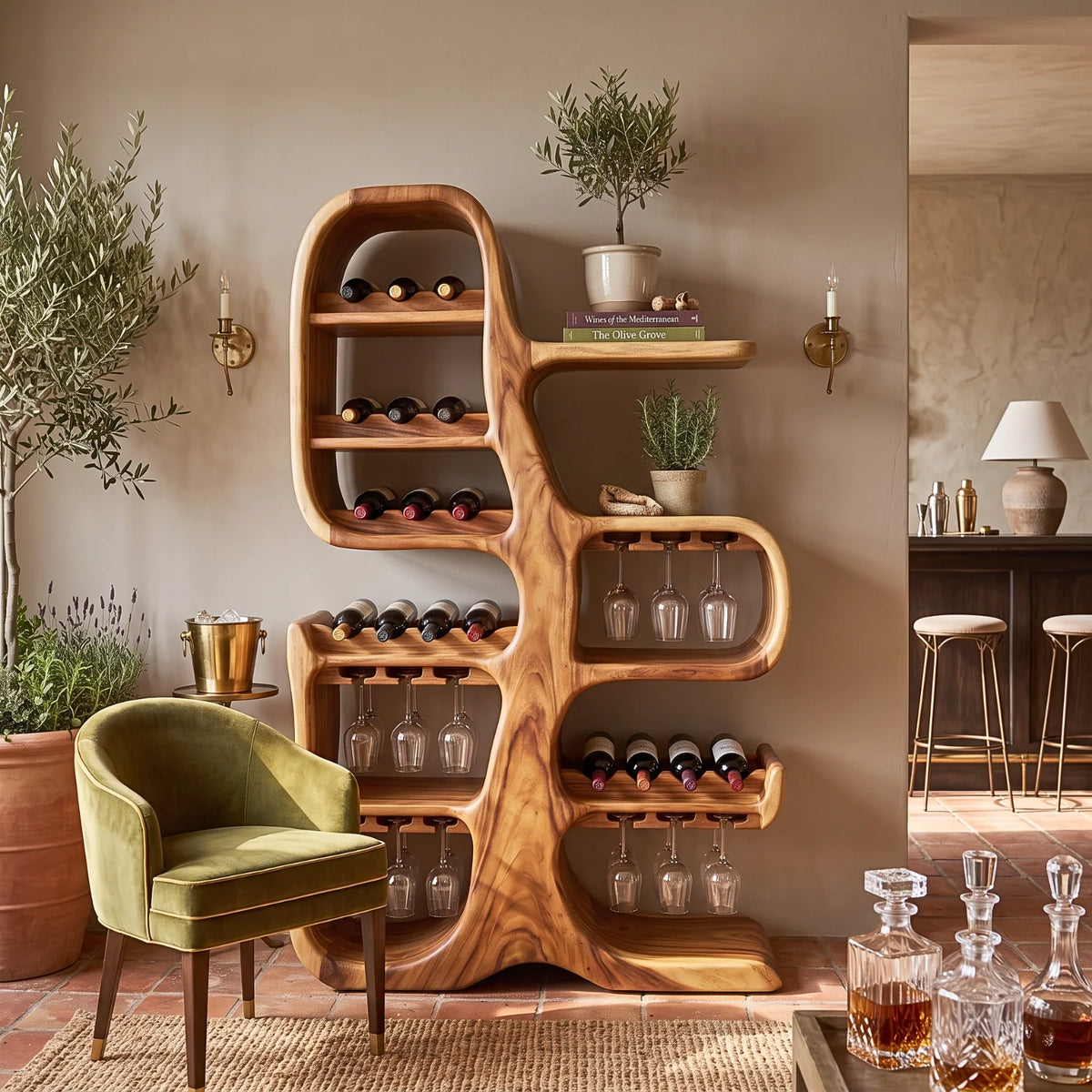 Solid Wood Wine Cabinet with Sculptural Tree-Inspired Design