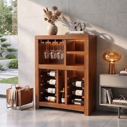 Solid Wood Wine Cabinet with Bottle Racks and Stemware Storage