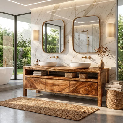Solid Wood Double Sink Bathroom Vanity with Open Shelf Storage for Rustic Lodge Bathrooms