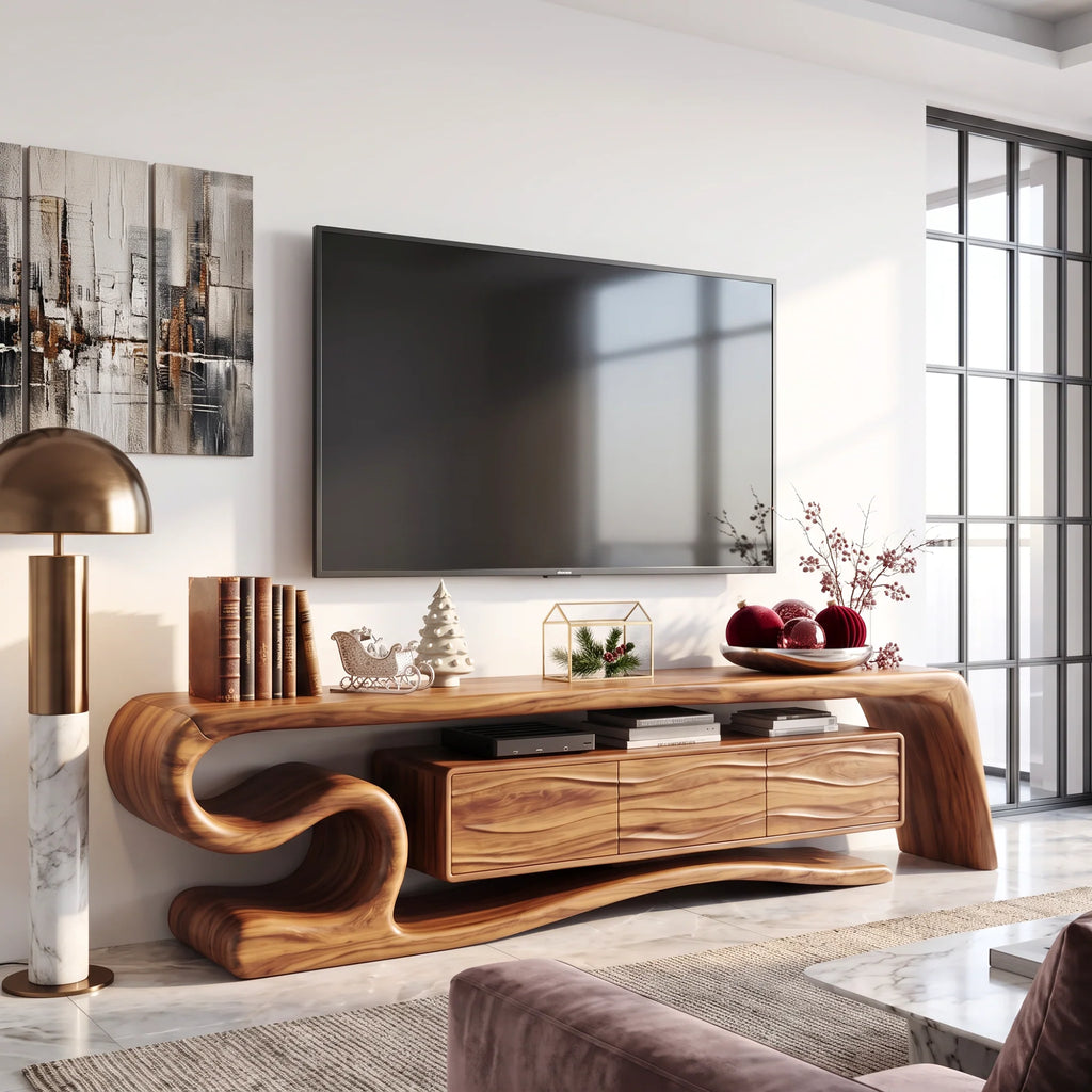 Sculptural Solid Wood TV Stand with S-Curve Frame and Wave-Grain Cabinet