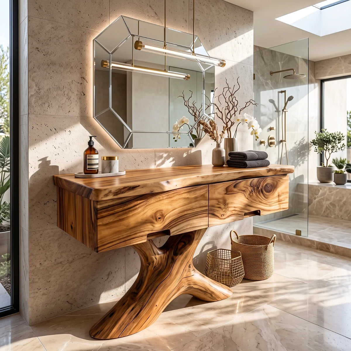Solid Wood Bathroom Vanity with Sculptural Root Pedestal and Drawer Storage