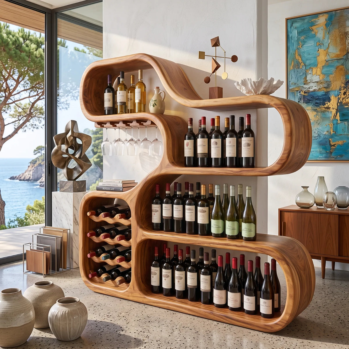 Solid Wood Wine Storage Cabinet with Sculptural Curved Display Shelves for Home Bar