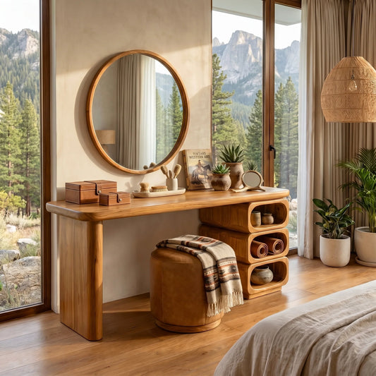 Modern Solid Wood Vanity Table with Rounded Open Shelf and Panel Legs