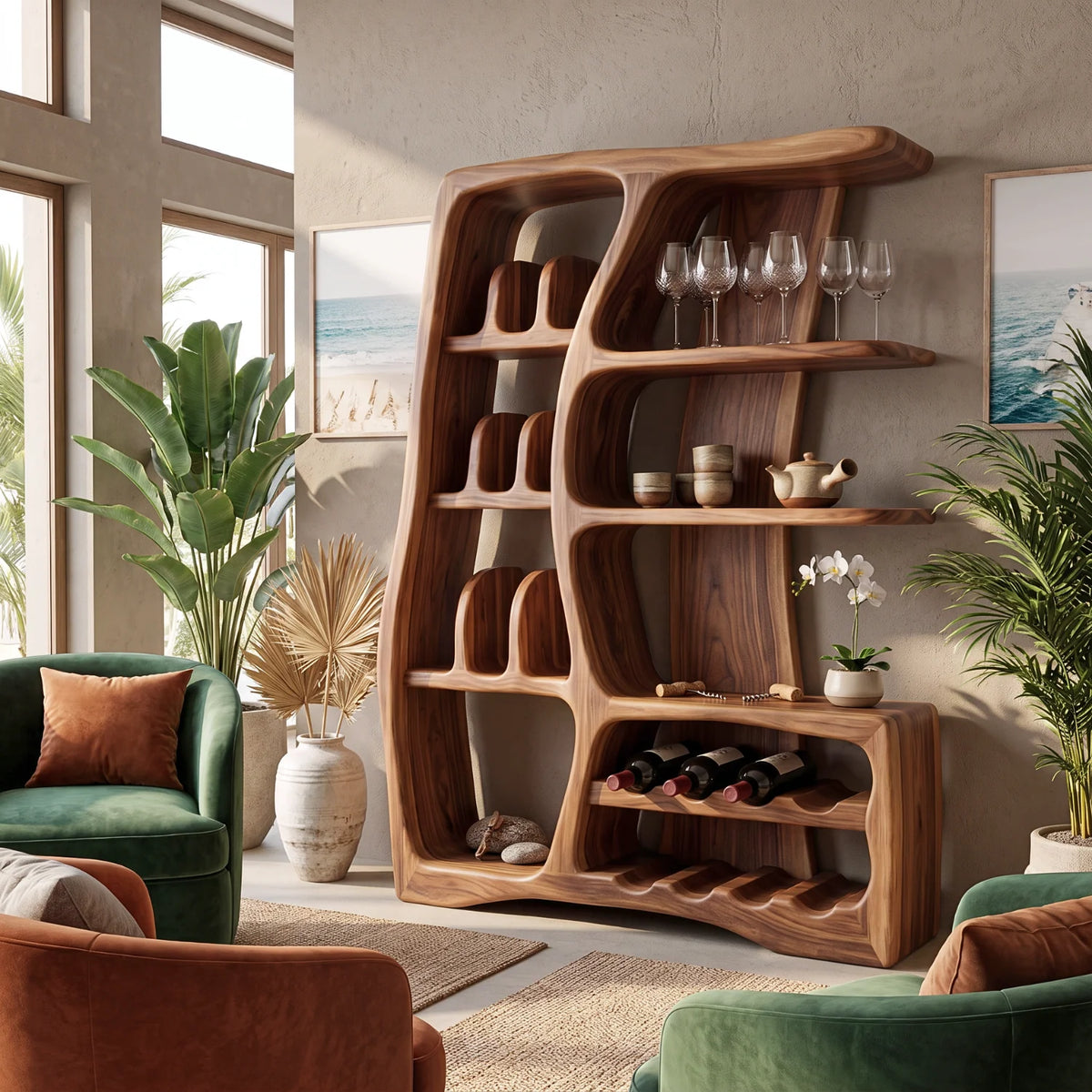 Solid Wood Wine Cabinet with Sculptural Open Shelves and Integrated Bottle Rack