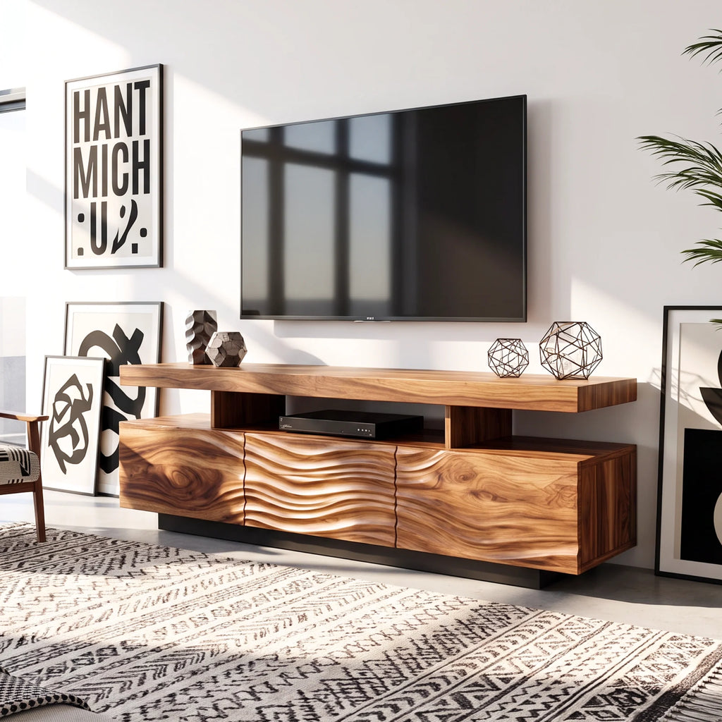 Solid Wood TV Console with Floating Top and Sculpted Wave-Front Cabinet
