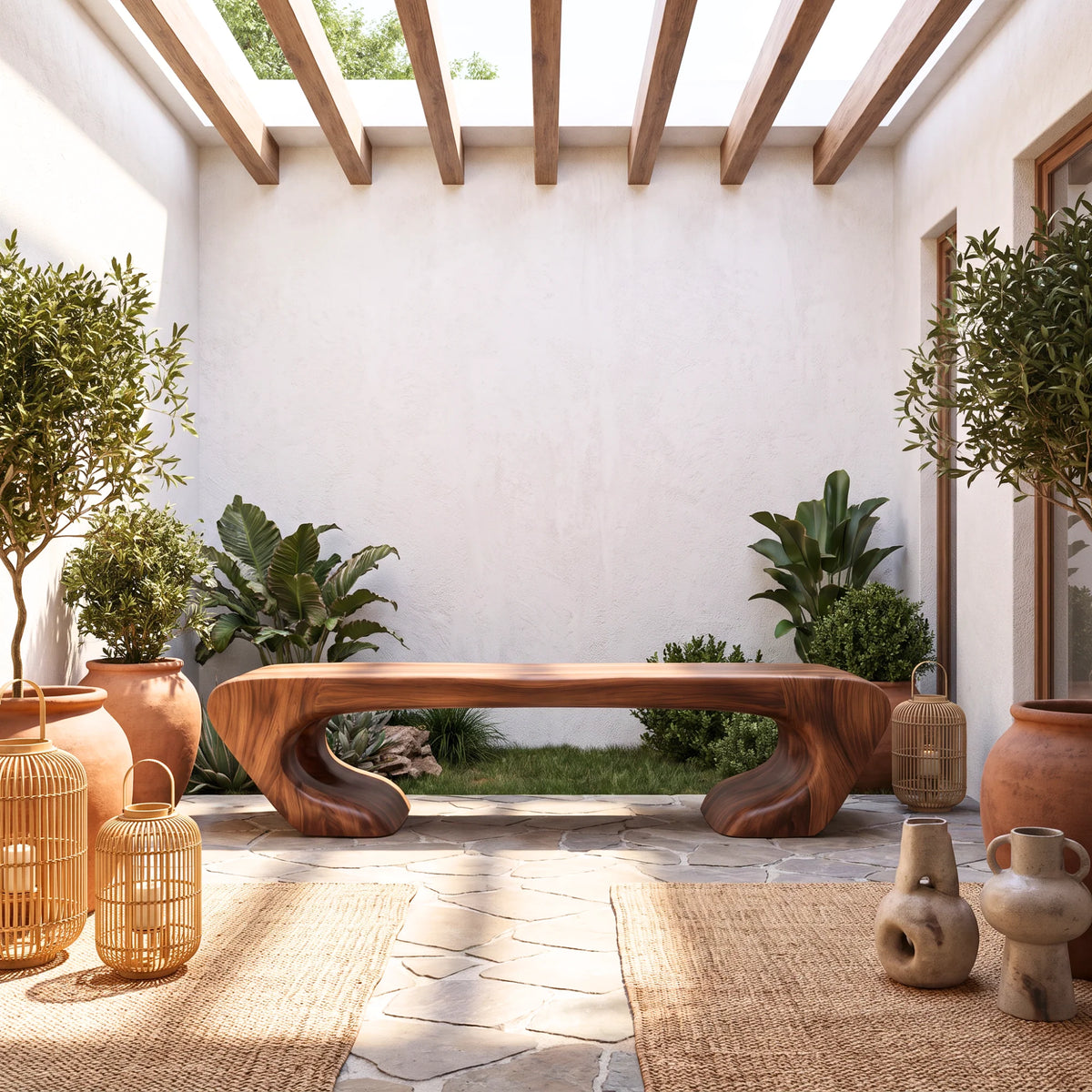 Organic Balance – Solid Wood Bench with Sculptural Asymmetrical Base and Flowing Seat