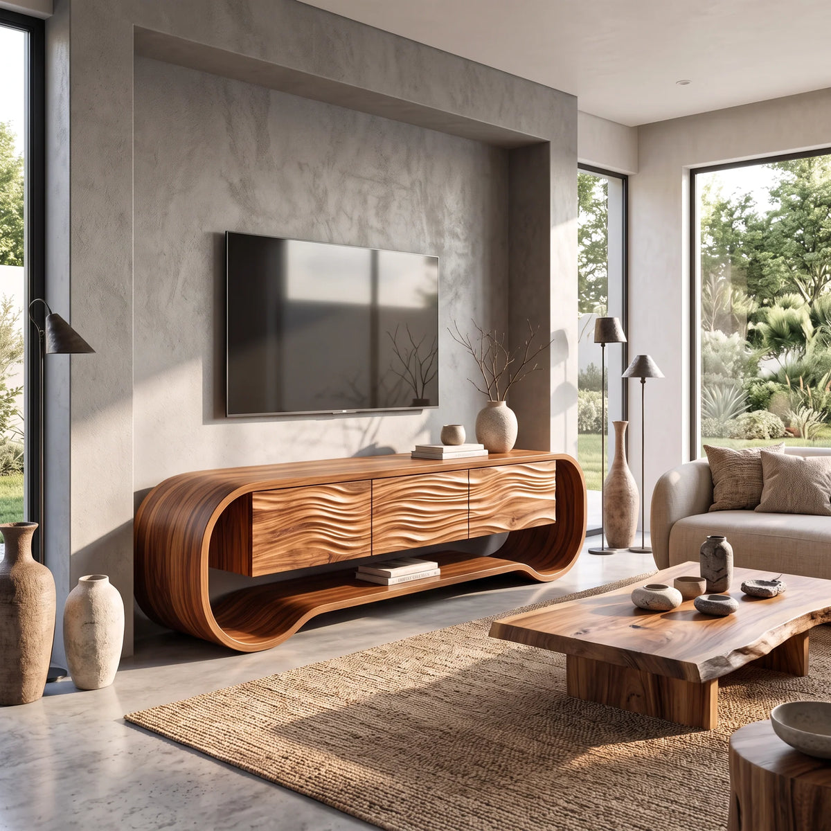 Sculptural Ribbon-Frame Solid Wood TV Console with Wave-Carved Doors