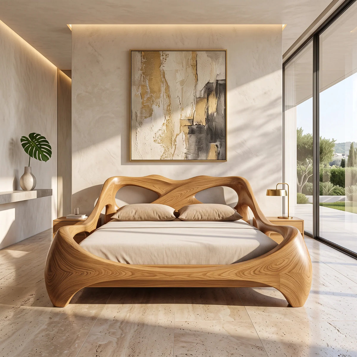 Sculptural Solid Wood Bed Frame with Organic Curved Headboard