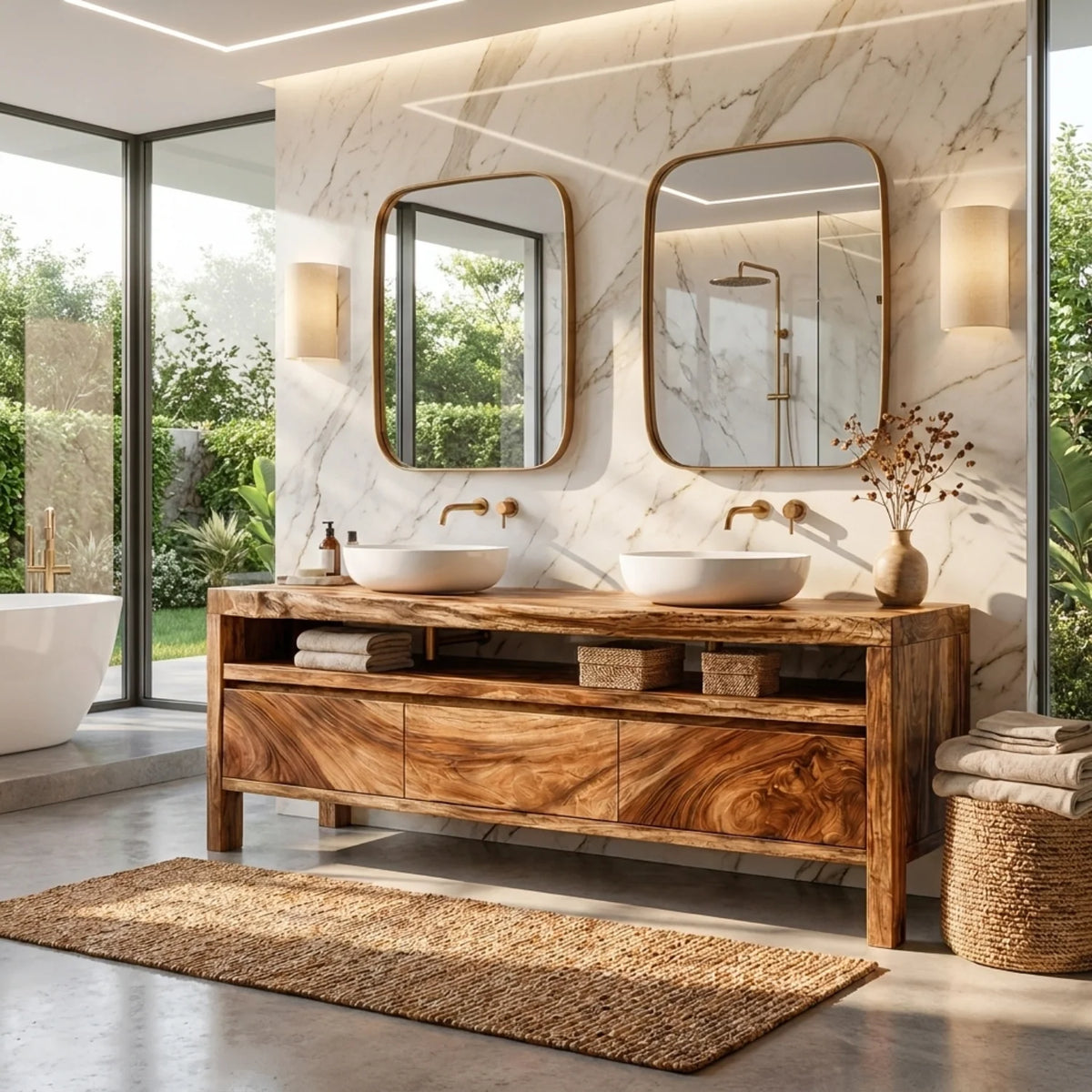 Solid Wood Double Sink Bathroom Vanity with Open Shelf Storage for Lodge Bathrooms