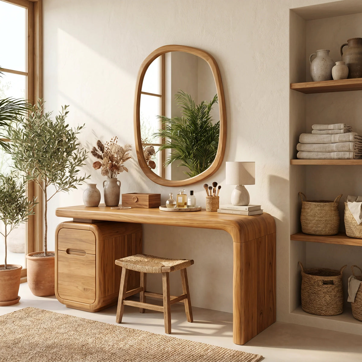 Modern Solid Wood Vanity Desk with Rounded Pedestal and Waterfall Side Design