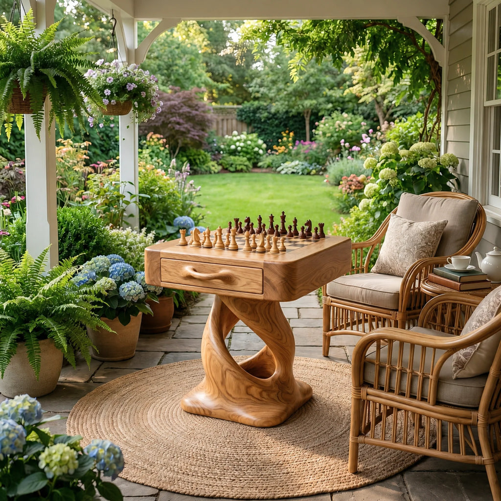 Solid Wood Chess Table with Drawer and Sculptural Pedestal