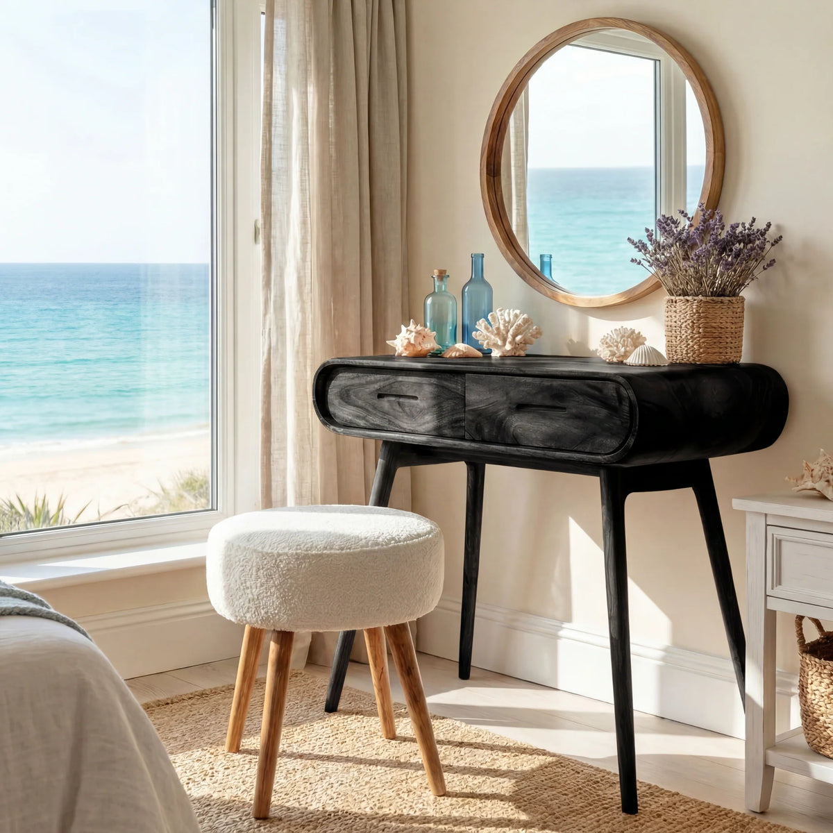 Mid-Century Modern Curved Wood Vanity Table with Storage Drawers