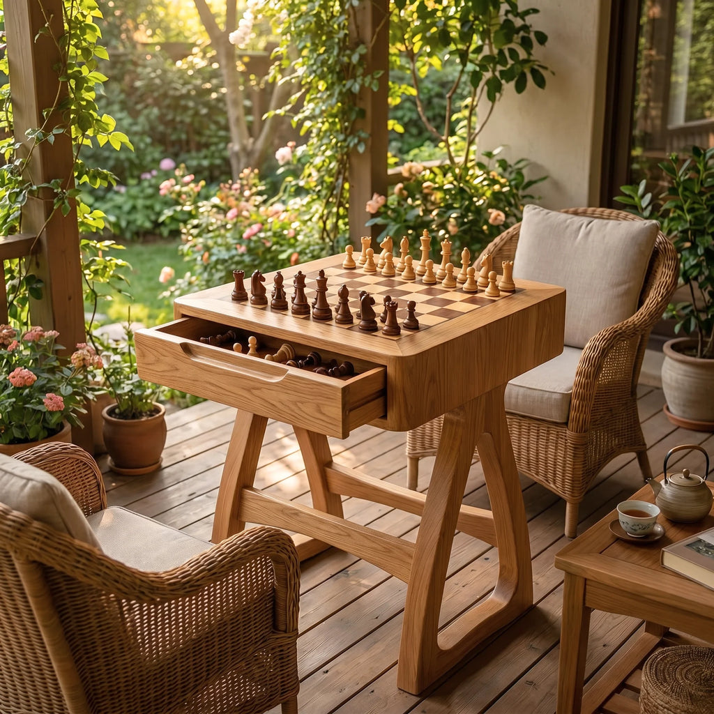 Sculptural Solid Wood Chess Table with Storage Drawer