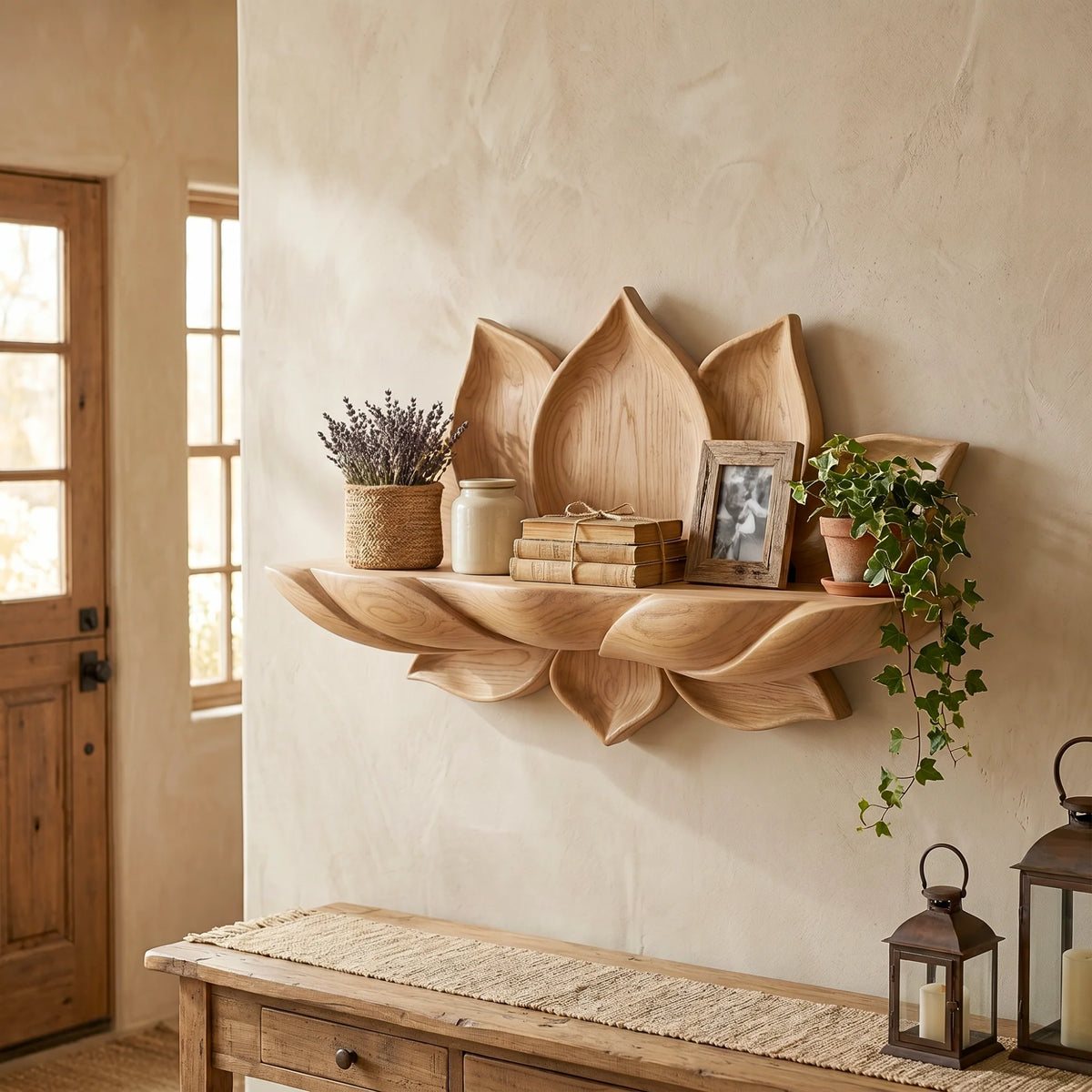 Handcrafted Lotus Petal Solid Wood Wall Shelf