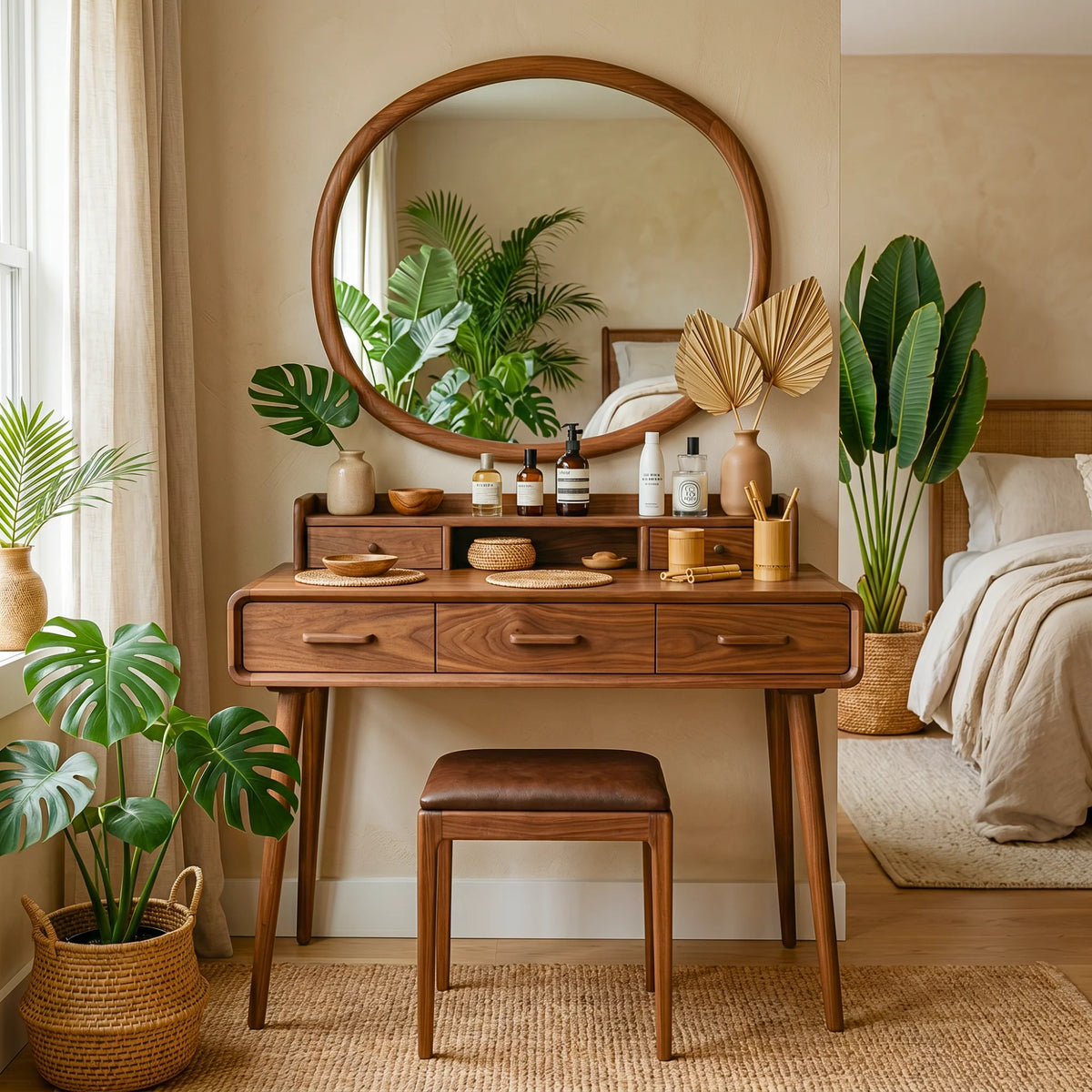 Solid Wood Makeup Vanity Table with Organizer Hutch and Spacious Storage Drawers