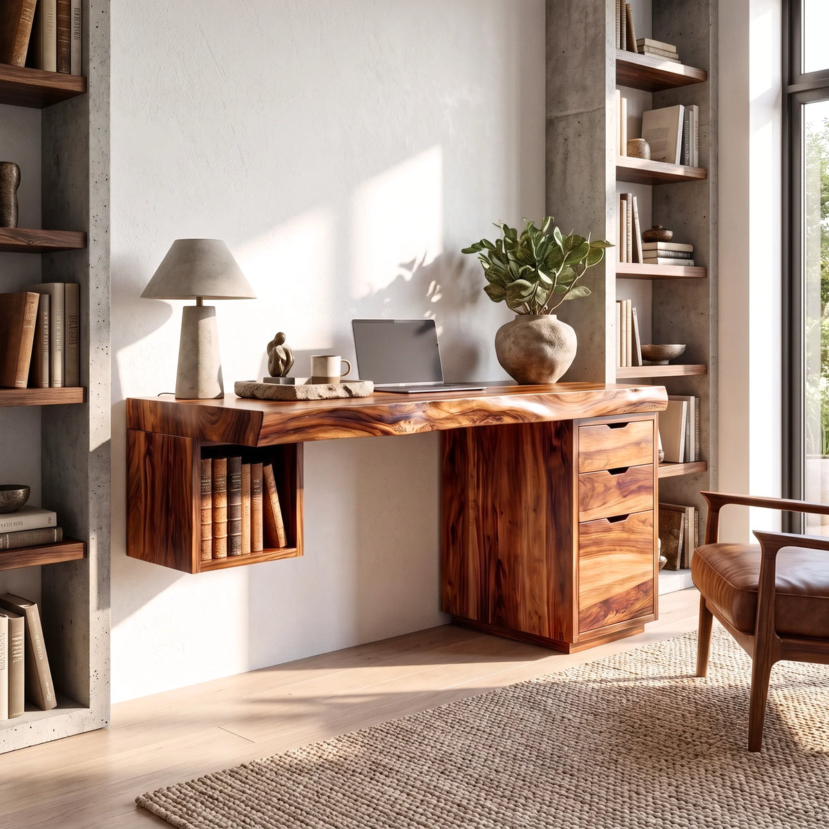 Solid Wood Desk with Drawers and Open Shelf