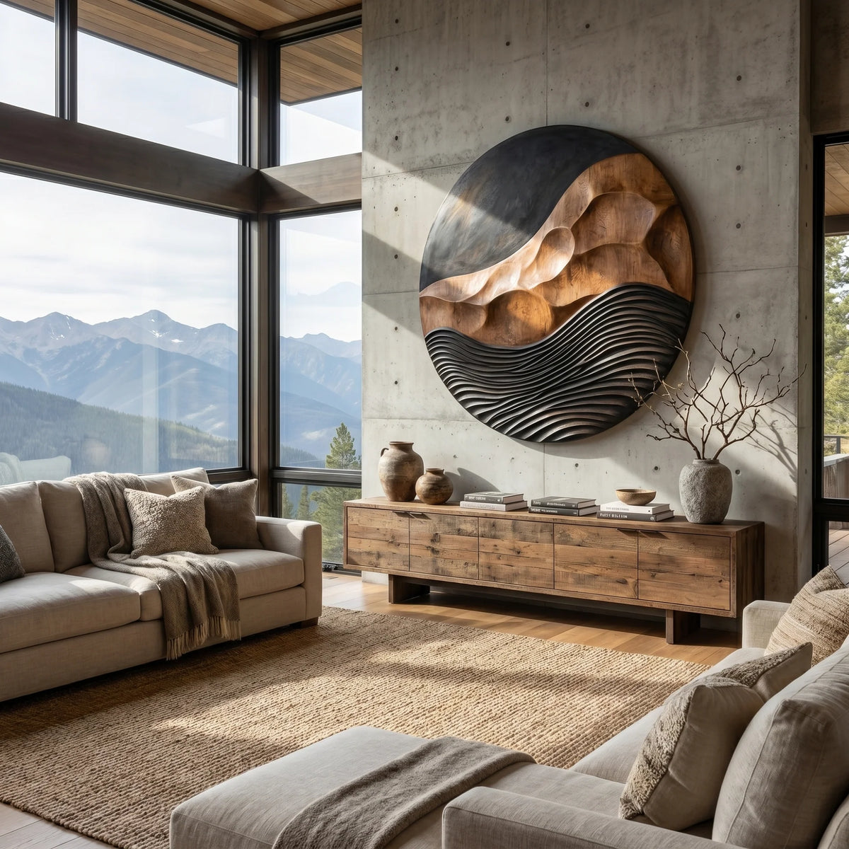 Mountain Waves – Solid Wood Round Wall Art with Carved Mountain Relief