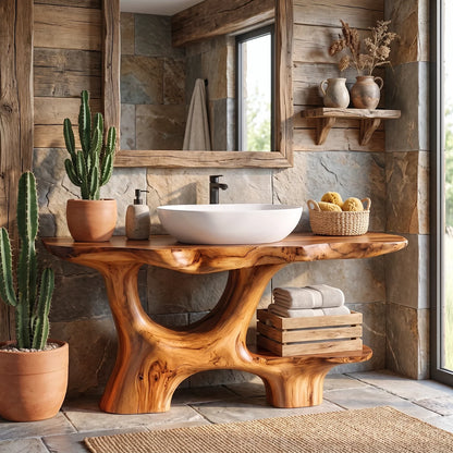 Solid Wood Bathroom Vanity with Open Arch Base and Side Shelf Storage