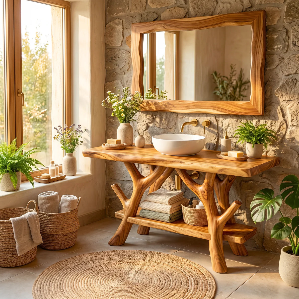 Solid Wood Bathroom Vanity with Sculptural Branch Frame and Open Shelves
