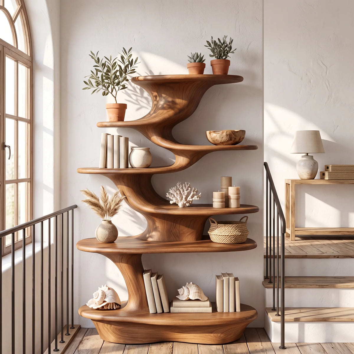 Cascade Form – Sculptural Wood Display Shelf with Tiered Platforms