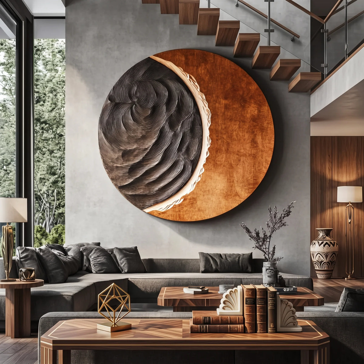 Contemporary Round Solid Wood Wall Sculpture – Modern Living Room Decor