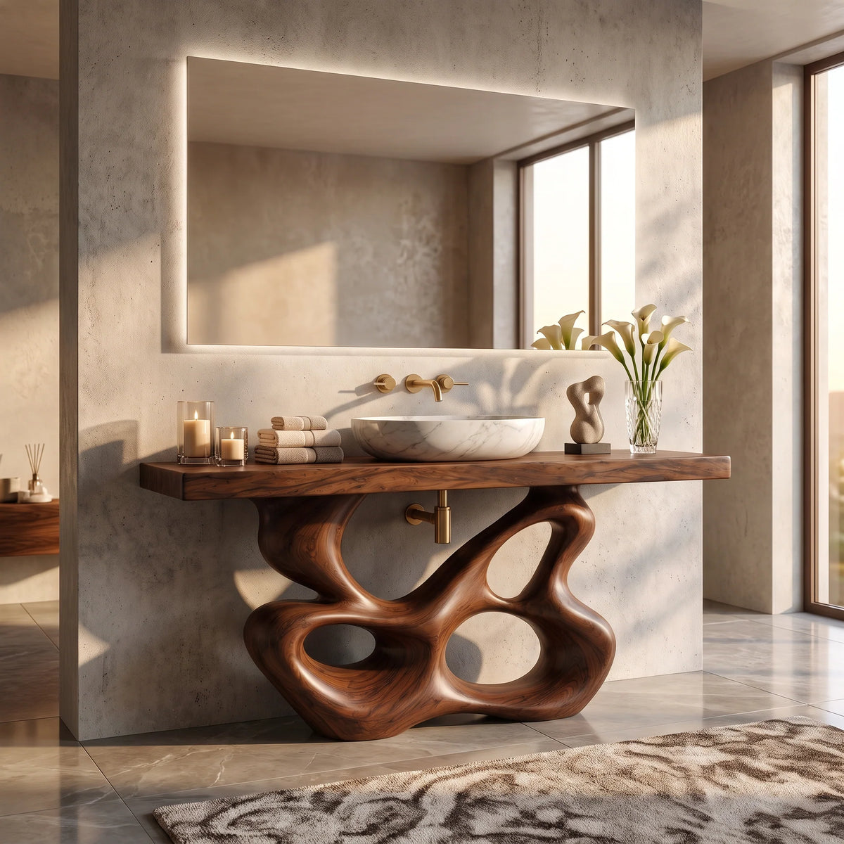 Solid Wood Bathroom Vanity with Sculptural Multi-Loop Base