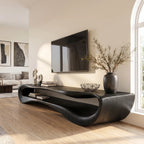 Curved Solid Wood TV Stand with Open Display Shelves