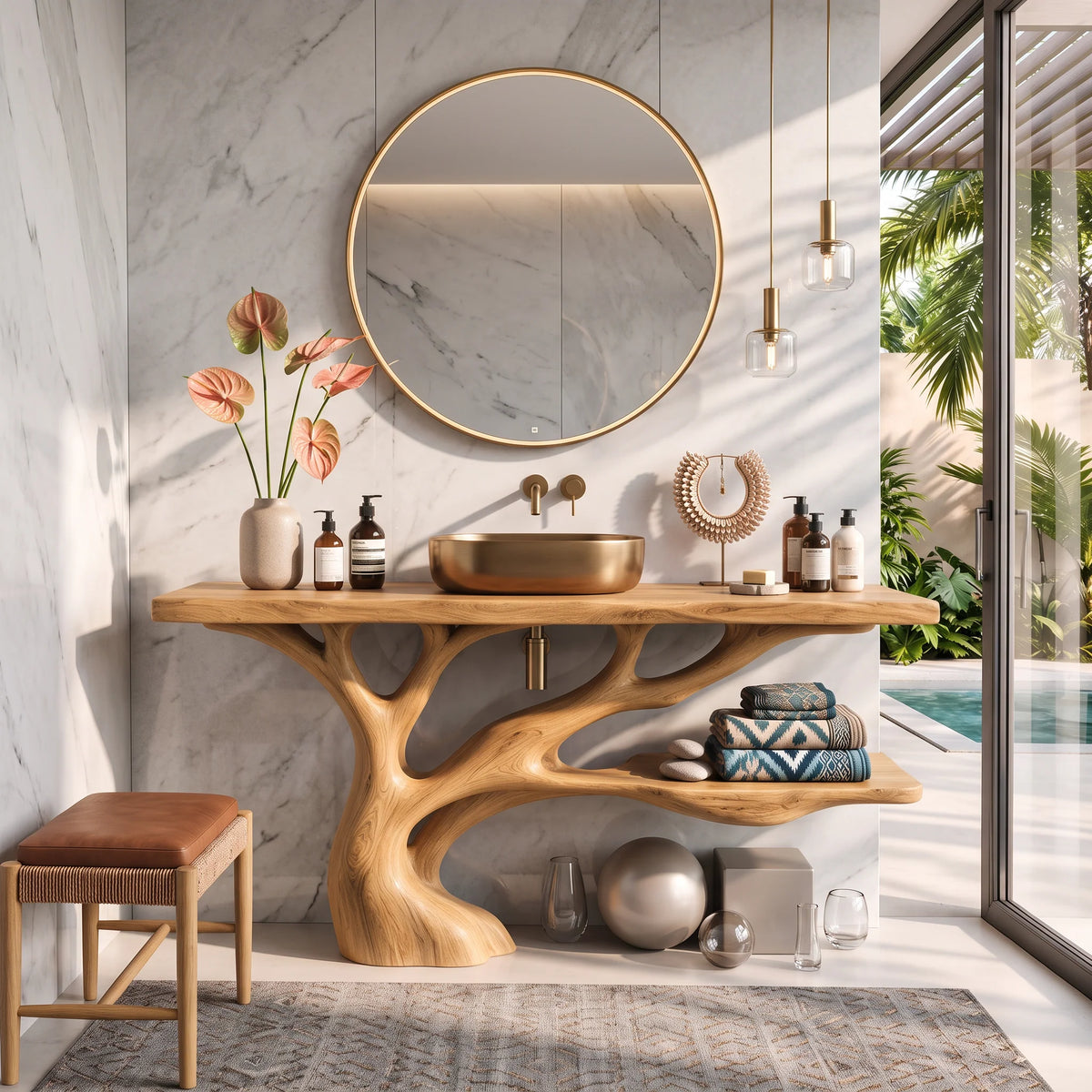 Solid Wood Bathroom Vanity with Sculptural Branch Base