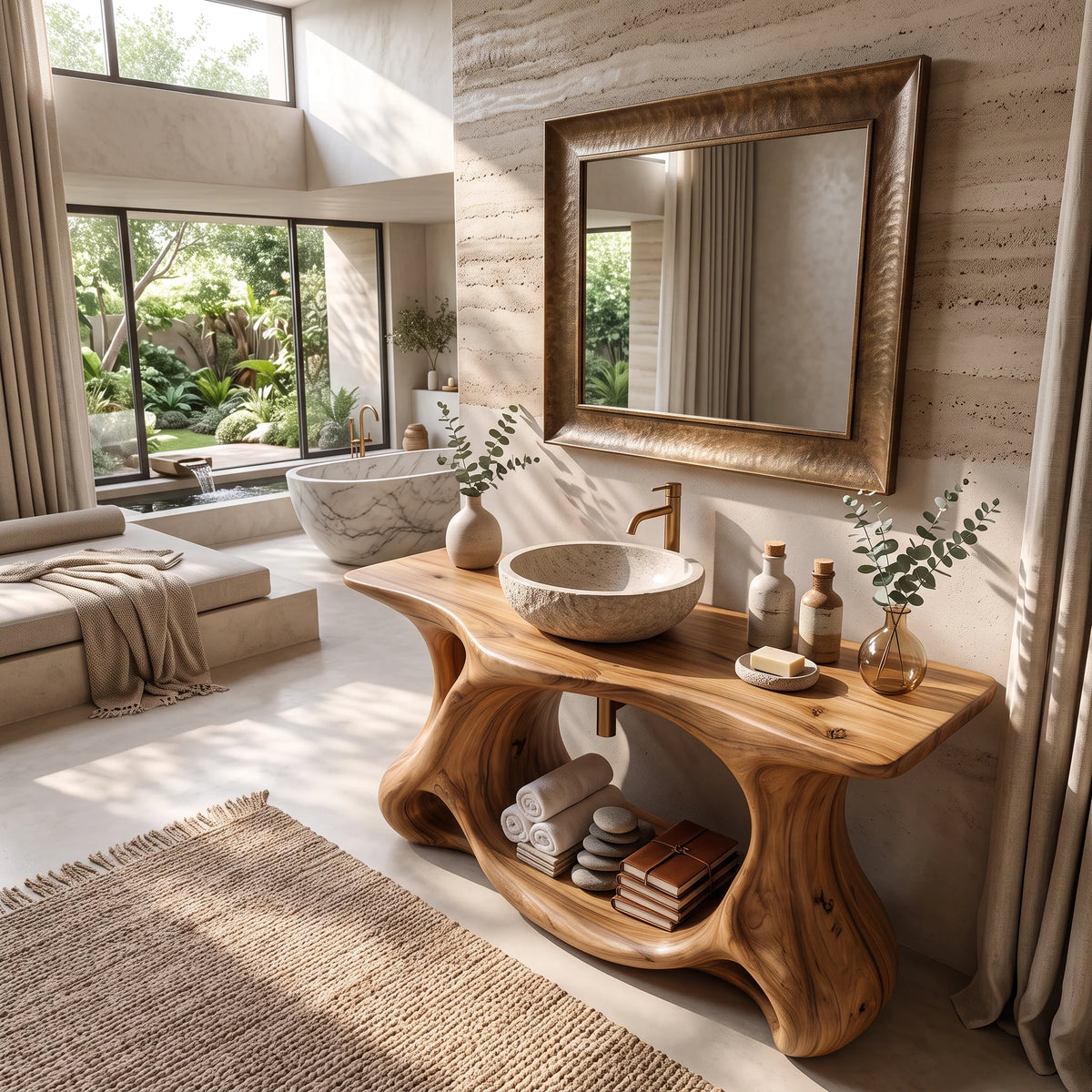 Solid Wood Bathroom Vanity with Sculptural Multi-Arch Base