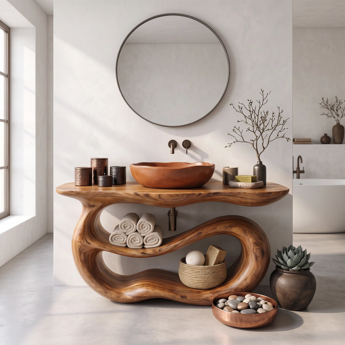 Solid Wood Bathroom Vanity with Sculptural Double-Loop Base and Open Shelf Storage