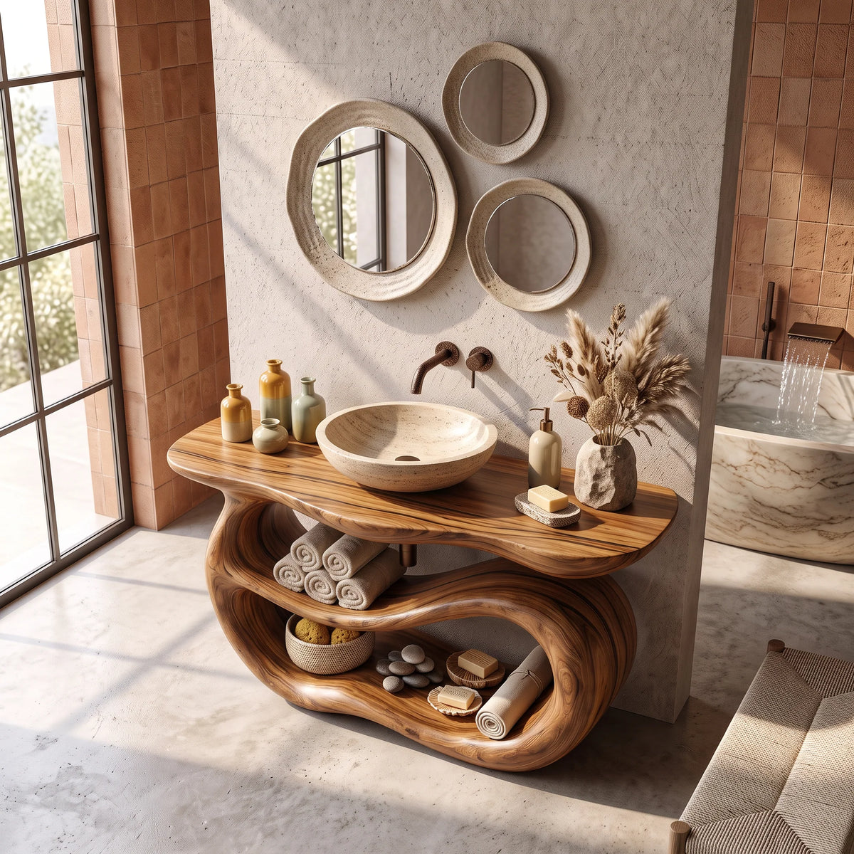 Solid Wood Bathroom Vanity with Sculptural Double-Loop Base and Open Shelf Storage