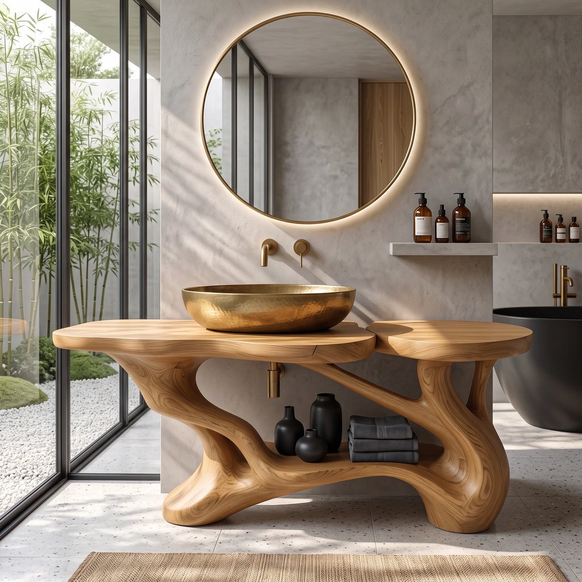 Solid Wood Bathroom Vanity with Sculptural Branch Frame and Open Shelf Storage