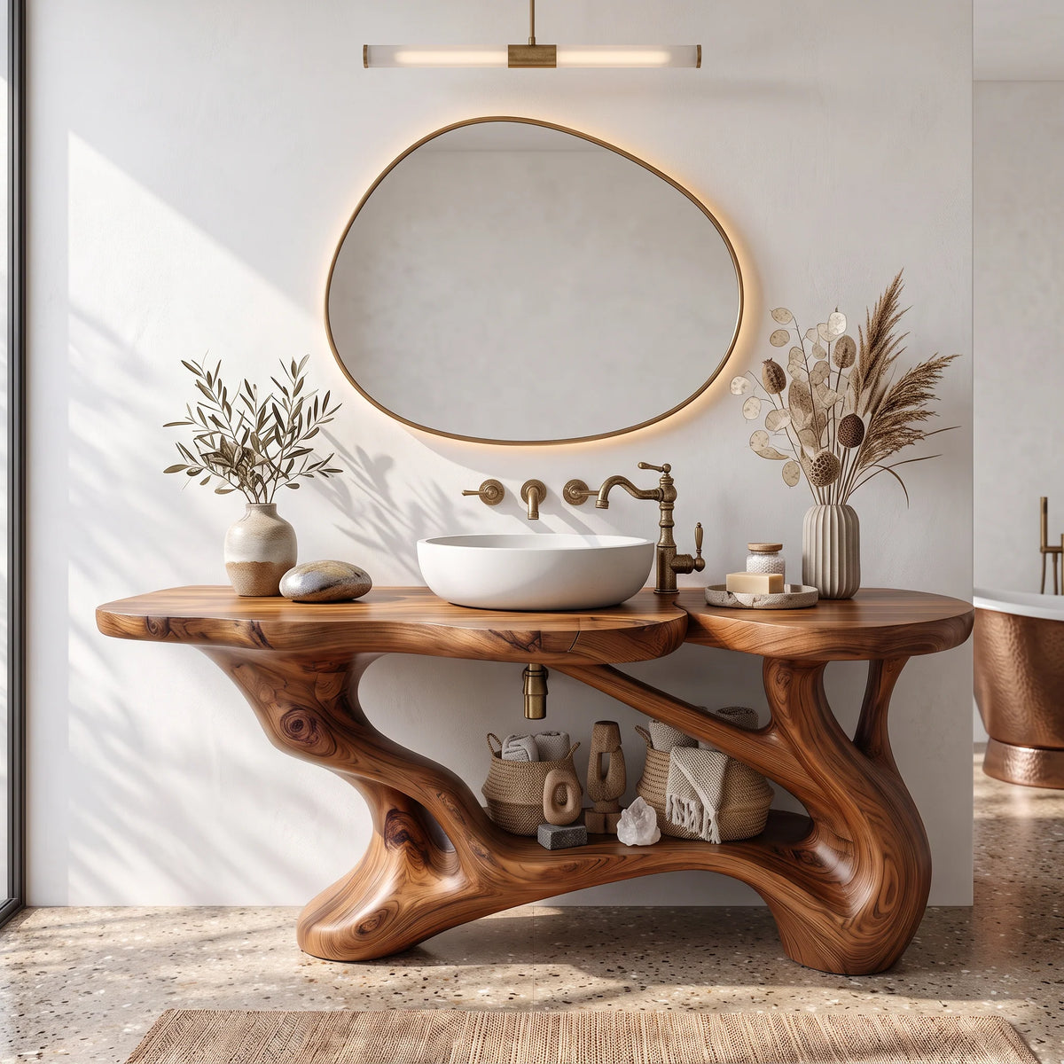 Solid Wood Bathroom Vanity with Sculptural Branch Frame and Open Shelf Storage