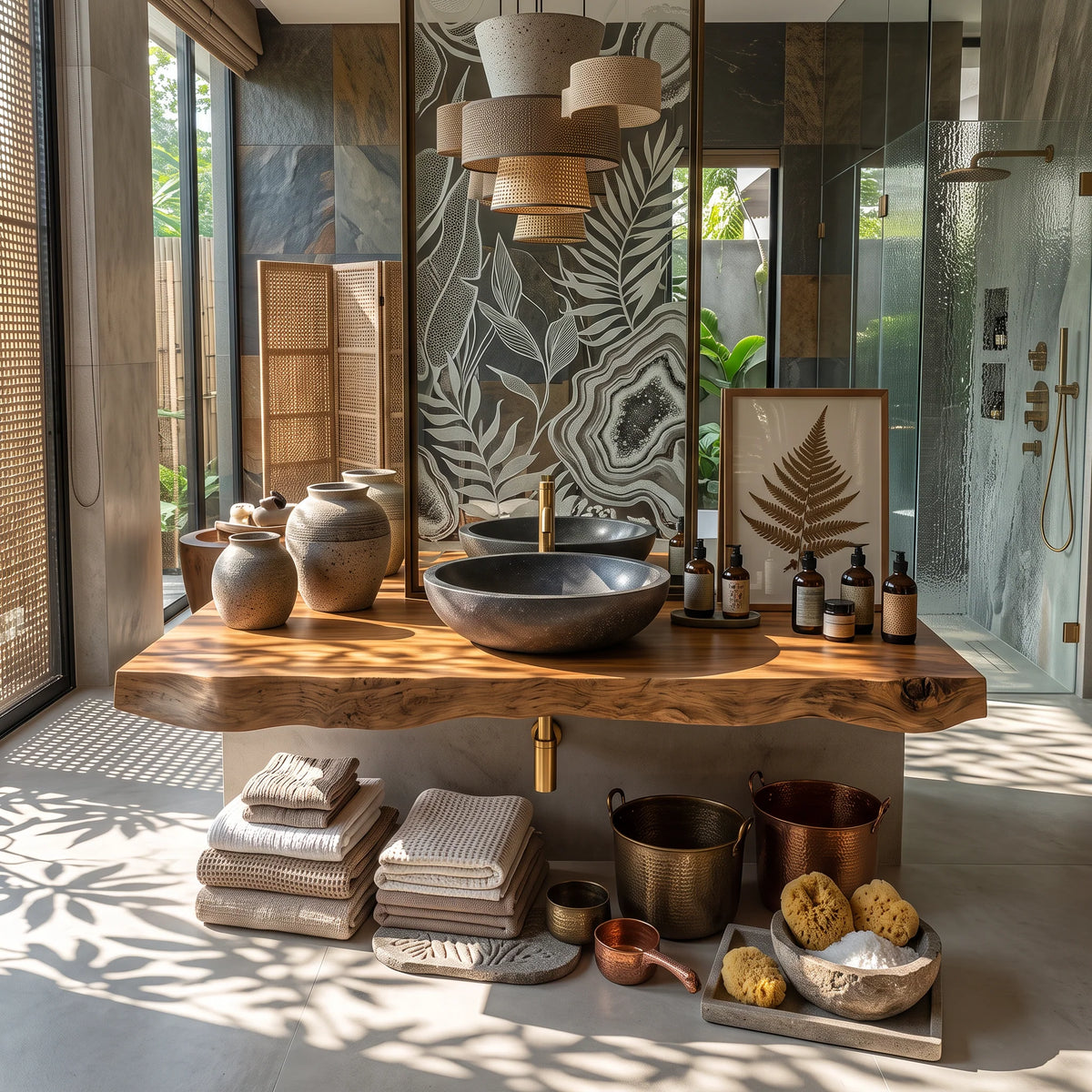 Solid Wood Floating Bathroom Vanity with Live Edge Countertop – Modern Organic Bathroom Cabinet