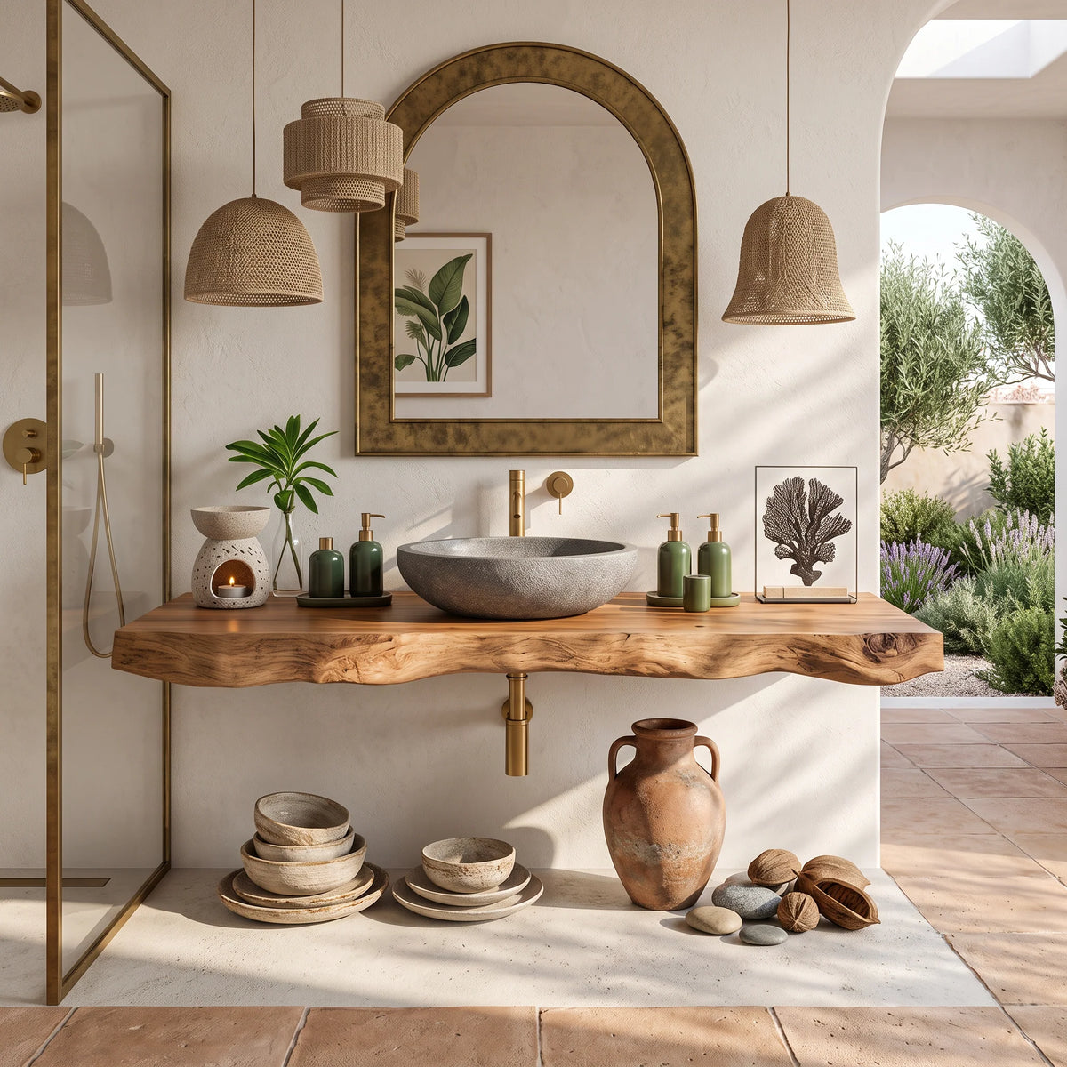 Solid Wood Floating Bathroom Vanity with Live Edge Countertop – Modern Organic Bathroom Cabinet