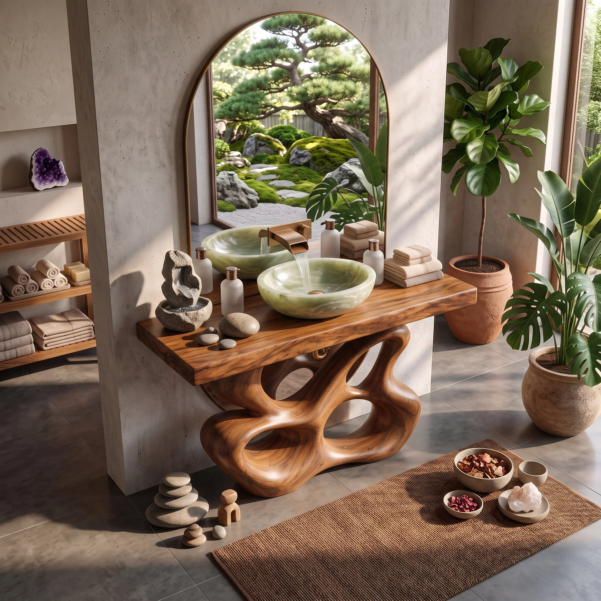 Solid Wood Bathroom Vanity with Sculptural Multi-Loop Base