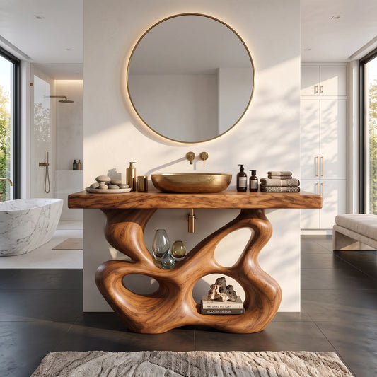 Solid Wood Bathroom Vanity with Sculptural Multi-Loop Base