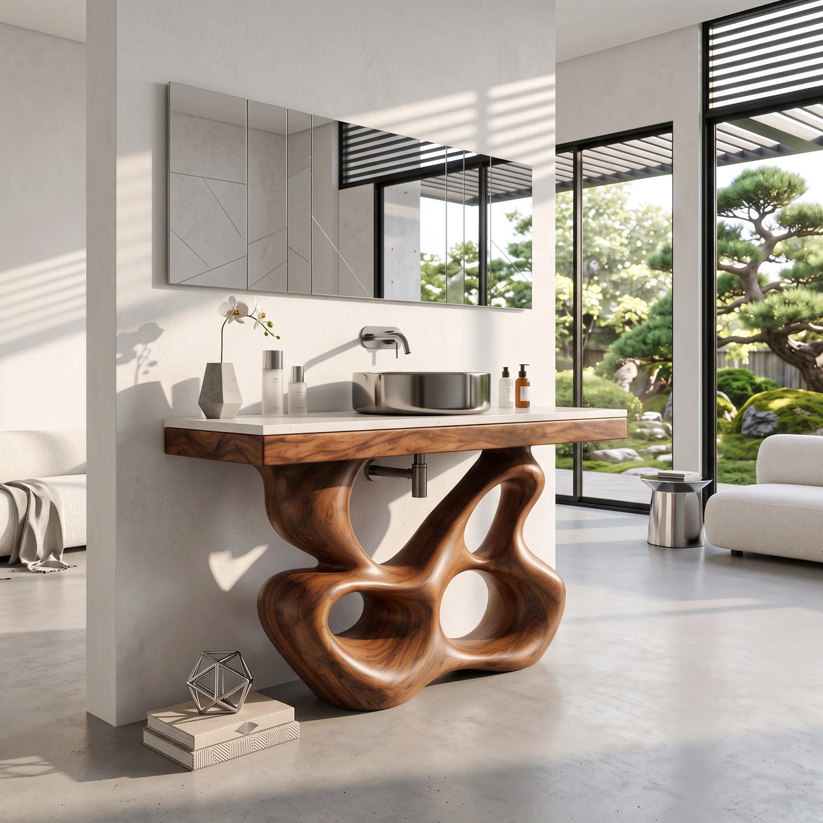 Solid Wood Bathroom Vanity with Sculptural Multi-Loop Base